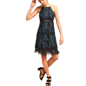 Monique LHullier Black Steel Blue Size 8 Dress Embroidered Silk Lace Anthro